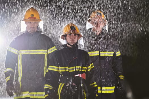 A group of professional firefighters marching through the rainy night on a rescue mission, their determined strides and fearless expressions reflecting their unwavering bravery and unwavering commitment to saving lives