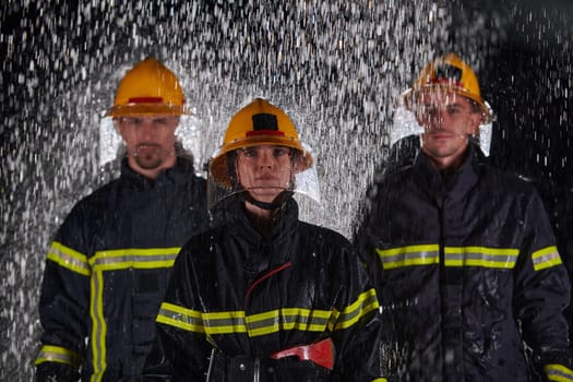 A group of professional firefighters marching through the rainy night on a rescue mission, their determined strides and fearless expressions reflecting their unwavering bravery and unwavering commitment to saving lives