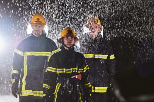 A group of professional firefighters marching through the rainy night on a rescue mission, their determined strides and fearless expressions reflecting their unwavering bravery and unwavering commitment to saving lives