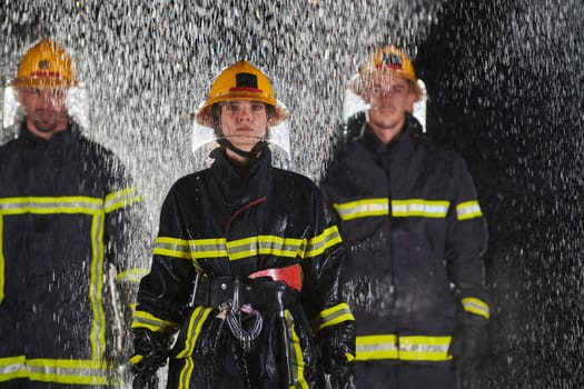 A group of professional firefighters marching through the rainy night on a rescue mission, their determined strides and fearless expressions reflecting their unwavering bravery and unwavering commitment to saving lives