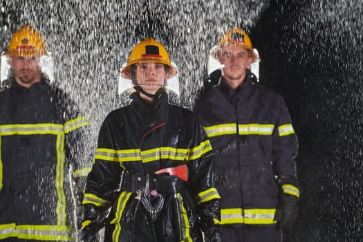 A group of professional firefighters marching through the rainy night on a rescue mission, their determined strides and fearless expressions reflecting their unwavering bravery and unwavering commitment to saving lives