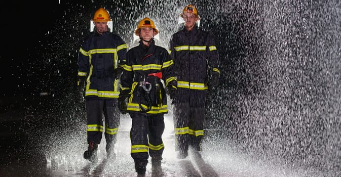 A group of professional firefighters marching through the rainy night on a rescue mission, their determined strides and fearless expressions reflecting their unwavering bravery and unwavering commitment to saving lives