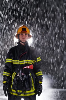 A determined female firefighter in a professional uniform striding through the dangerous, rainy night on a daring rescue mission, showcasing her unwavering bravery and commitment to saving lives