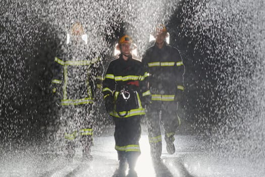 A group of professional firefighters marching through the rainy night on a rescue mission, their determined strides and fearless expressions reflecting their unwavering bravery and unwavering commitment to saving lives