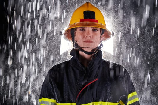 A determined female firefighter in a professional uniform striding through the dangerous, rainy night on a daring rescue mission, showcasing her unwavering bravery and commitment to saving lives