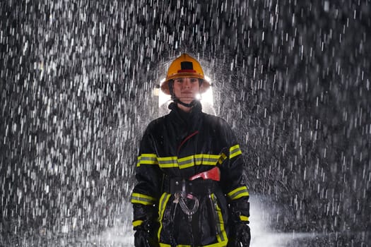 A determined female firefighter in a professional uniform striding through the dangerous, rainy night on a daring rescue mission, showcasing her unwavering bravery and commitment to saving lives