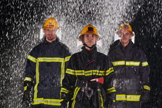 A group of professional firefighters marching through the rainy night on a rescue mission, their determined strides and fearless expressions reflecting their unwavering bravery and unwavering commitment to saving lives