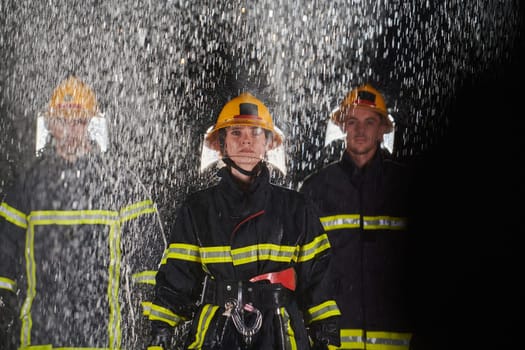 A group of professional firefighters marching through the rainy night on a rescue mission, their determined strides and fearless expressions reflecting their unwavering bravery and unwavering commitment to saving lives