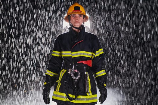 A determined female firefighter in a professional uniform striding through the dangerous, rainy night on a daring rescue mission, showcasing her unwavering bravery and commitment to saving lives