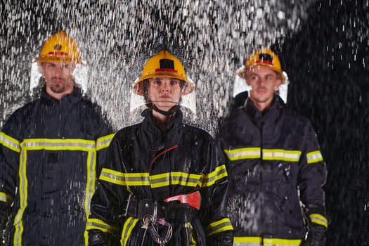 A group of professional firefighters marching through the rainy night on a rescue mission, their determined strides and fearless expressions reflecting their unwavering bravery and unwavering commitment to saving lives