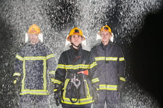 A group of professional firefighters marching through the rainy night on a rescue mission, their determined strides and fearless expressions reflecting their unwavering bravery and unwavering commitment to saving lives