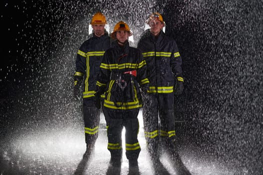 A group of professional firefighters marching through the rainy night on a rescue mission, their determined strides and fearless expressions reflecting their unwavering bravery and unwavering commitment to saving lives