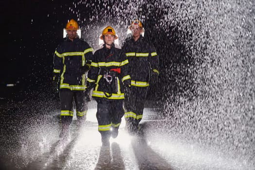 A group of professional firefighters marching through the rainy night on a rescue mission, their determined strides and fearless expressions reflecting their unwavering bravery and unwavering commitment to saving lives