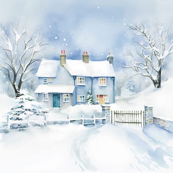 Merry Christmas and Happy Holidays, watercolour printable art print, English countryside cottage as snow winter holiday Christmas card, thank you and diy greeting card design, country style idea