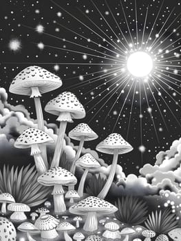A monochrome photograph capturing the beauty of black and white mushrooms growing in the night sky, with the sun shining through the clouds, creating a stunning natural art piece