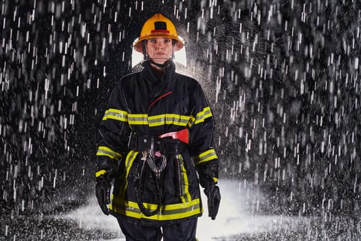 A determined female firefighter in a professional uniform striding through the dangerous, rainy night on a daring rescue mission, showcasing her unwavering bravery and commitment to saving lives