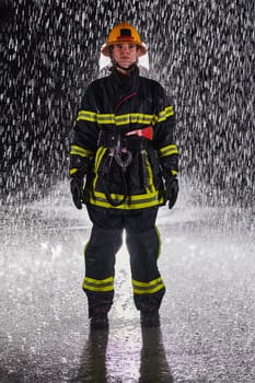 A determined female firefighter in a professional uniform striding through the dangerous, rainy night on a daring rescue mission, showcasing her unwavering bravery and commitment to saving lives