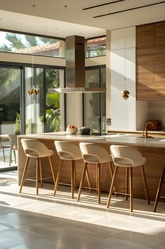 A building with a spacious kitchen featuring a large rectangular island, wood stools, hardwood flooring, fixtures, windows, shades, and a beautiful facade