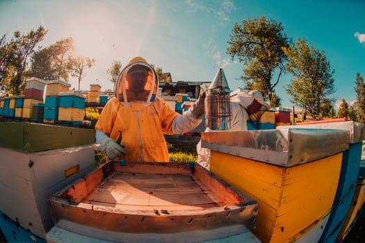 Beekeeper checking honey on the beehive frame in the field. Small business owner on apiary. Natural healthy food produceris working with bees and beehives on the apiary