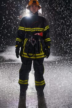 A determined female firefighter in a professional uniform striding through the dangerous, rainy night on a daring rescue mission, showcasing her unwavering bravery and commitment to saving lives