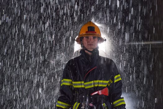 A determined female firefighter in a professional uniform striding through the dangerous, rainy night on a daring rescue mission, showcasing her unwavering bravery and commitment to saving lives