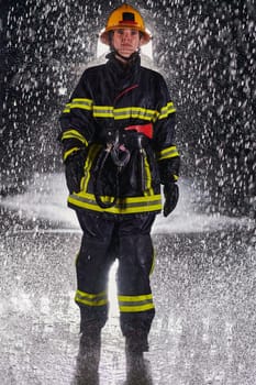 A determined female firefighter in a professional uniform striding through the dangerous, rainy night on a daring rescue mission, showcasing her unwavering bravery and commitment to saving lives