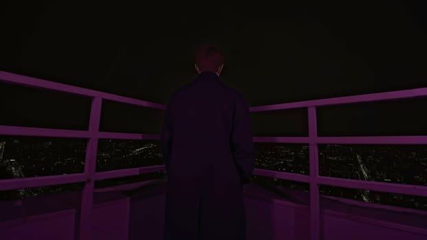 Young man stands on roof of building at night. Media. Handsome man in coat is standing on roof of high-rise building. Photo shoot of man on roof of high-rise building.