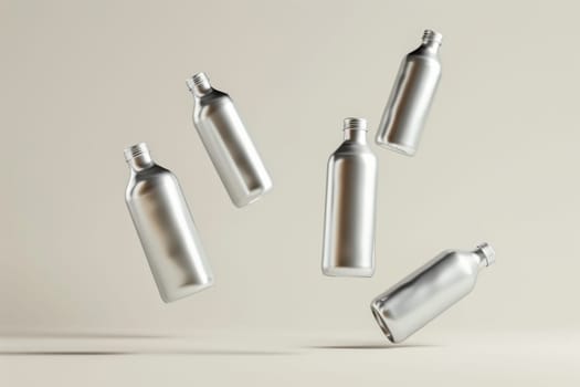 Silver bottles are shown in the air, with the tops of the bottles visible. The bottles are all the same size and shape, and they appear to be floating in the air