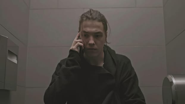 Young man sits on toilet and talks on phone. Stock. Man in black walks into toilet stall and talks on phone. Young man is talking aggressively on phone in toilet.