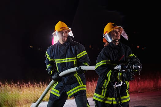 Firefighters using a water hose to eliminate a fire hazard. Team of female and male firemen in dangerous rescue mission