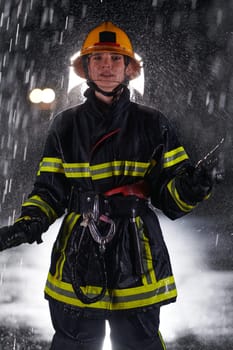 A determined female firefighter in a professional uniform striding through the dangerous, rainy night on a daring rescue mission, showcasing her unwavering bravery and commitment to saving lives