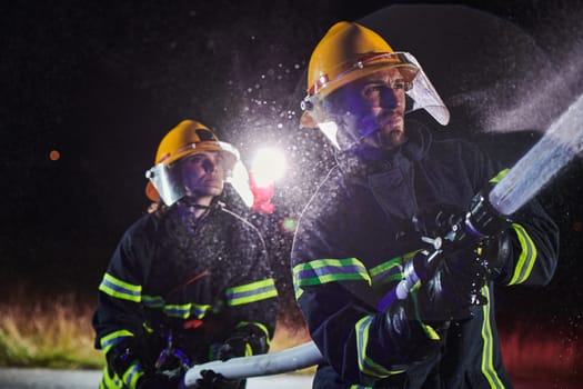 Firefighters using a water hose to eliminate a fire hazard. Team of female and male firemen in dangerous rescue mission