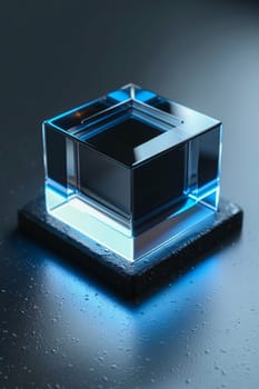 A cube with a blue light shining on it. The cube is surrounded by other cubes, creating a futuristic and technological atmosphere