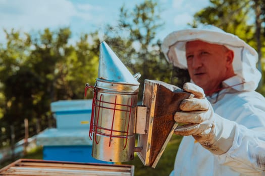 The beekeeper using smoke to calm the bees and begins to inspect the honey.