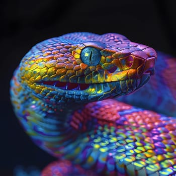 A scaled reptile, a colorful serpent with an electric blue eye, is captured in a closeup, macro photography shot as it gazes directly at the camera