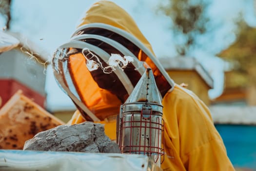 Beekeeper checking honey on the beehive frame in the field. Beekeeper on apiary. Beekeeper is working with bees and beehives on the apiary. Small business concept