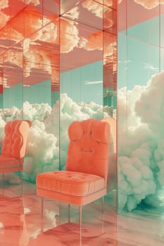 A room with a chair and a mirror. The room is filled with clouds and the chair is the only object in the room