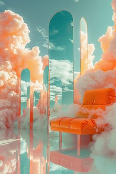 A room with a chair and a mirror. The room is filled with clouds and the chair is the only object in the room