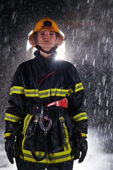 A determined female firefighter in a professional uniform striding through the dangerous, rainy night on a daring rescue mission, showcasing her unwavering bravery and commitment to saving lives