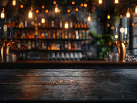 A bar with a counter top and a few bottles on it with copy space.