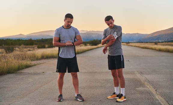 Group of handsome men running together in the early morning glow of the sunrise, embodying the essence of fitness, vitality, and the invigorating joy of embracing nature's tranquility during their refreshing and energizing workout