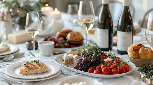 A table with a white tablecloth and a variety of food and wine. The wine bottles are on the right side of the table