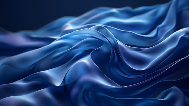 A close up of liquid electric blue satin fabric with a violet pattern on a dark background, resembling smoke in the darkness