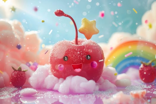 A smiling apple with a leaf on top is sitting on a cloud. The apple is covered in glitter, giving it a magical and whimsical appearance. Concept of wonder and joy, as if the apple is a playful