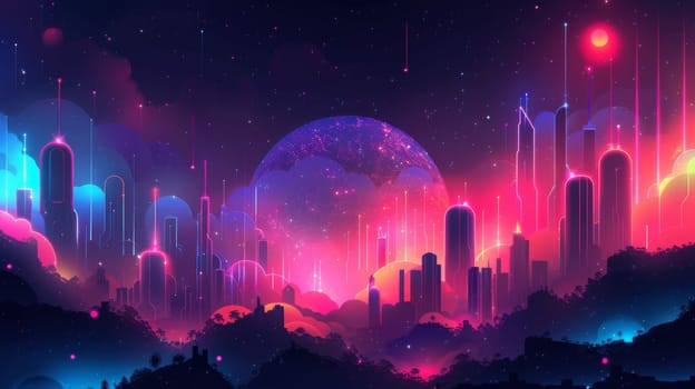 A colorful cityscape with a large glowing orb in the sky. The city is filled with neon lights and the sky is filled with stars. Scene is vibrant and energetic