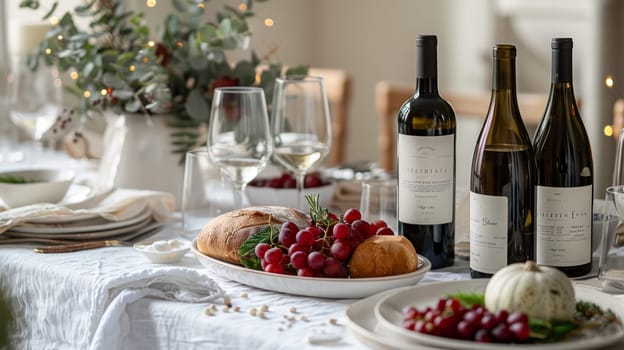 A table with a white tablecloth and a variety of food and wine. The wine bottles are on the right side of the table