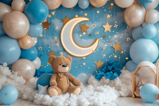 A baby room with a teddy bear and a blue and white theme. The room is decorated with balloons and stars