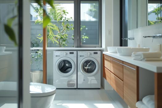 A modern house with a white washer and dryer and a green plant. The washer and dryer are placed next to each other, and the plant is in a pot on the counter. The kitchen has a clean