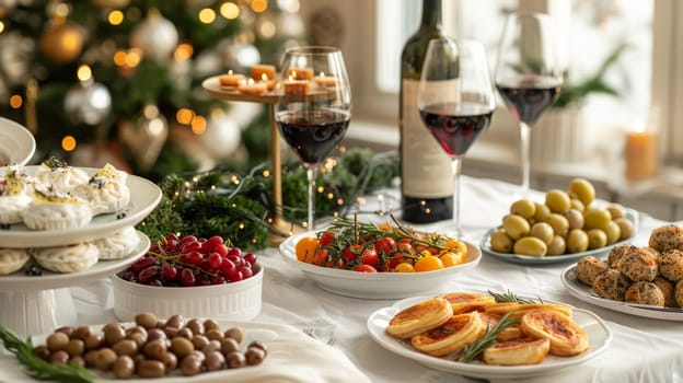 A table with a white tablecloth and a variety of food and wine. The wine bottles are on the right side of the table