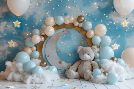 A baby room with a teddy bear and a blue and white theme. The room is decorated with balloons and stars